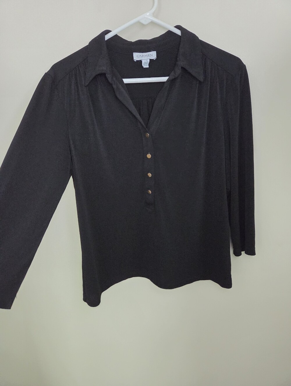 Women's Carmen Marc Valvo Black 3/4 Sleeve Partial Button Front Top Sz Large - Picture 5 of 7